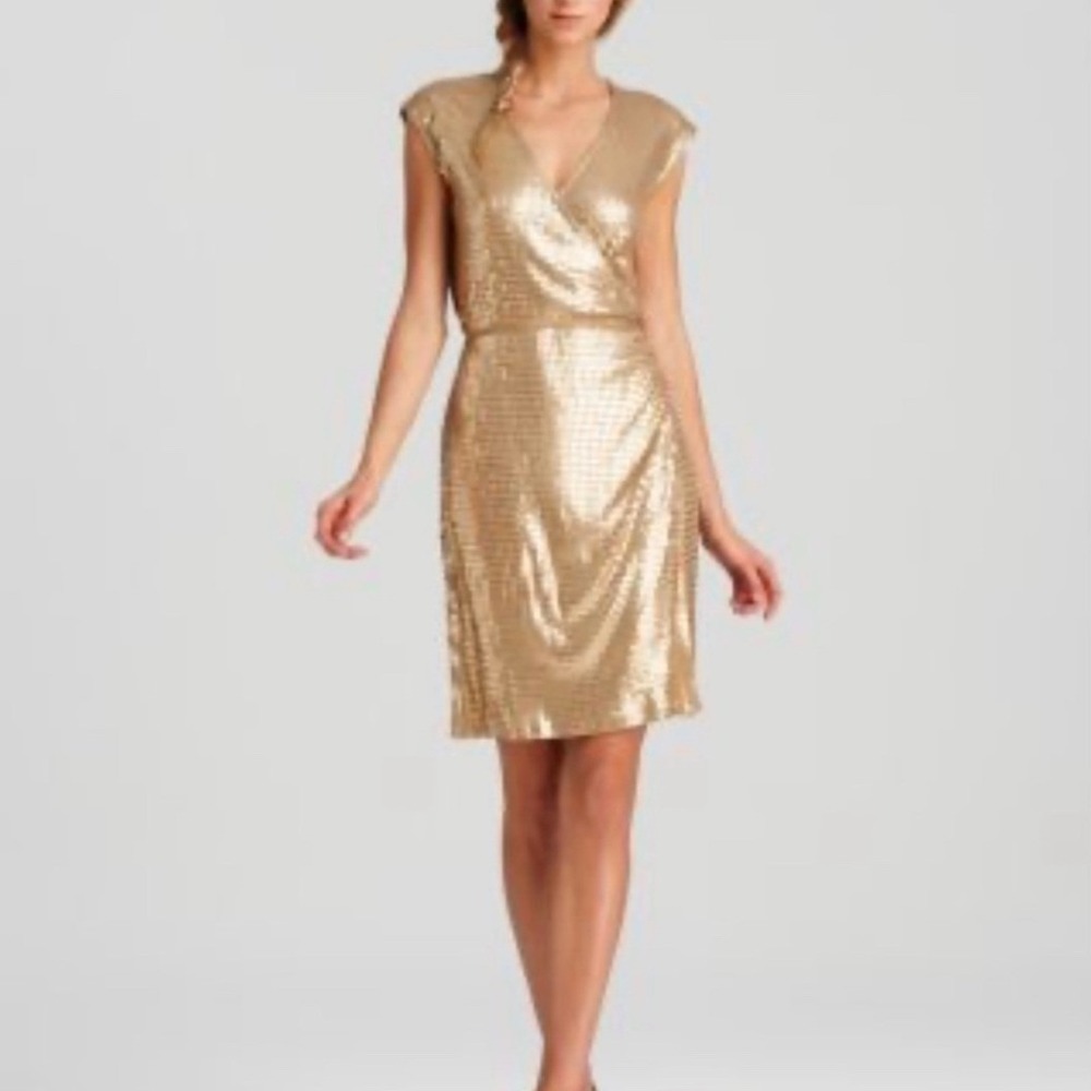 NEW Michael Kors Sequin Faux Wrap Dress Dark Camel Gold XS